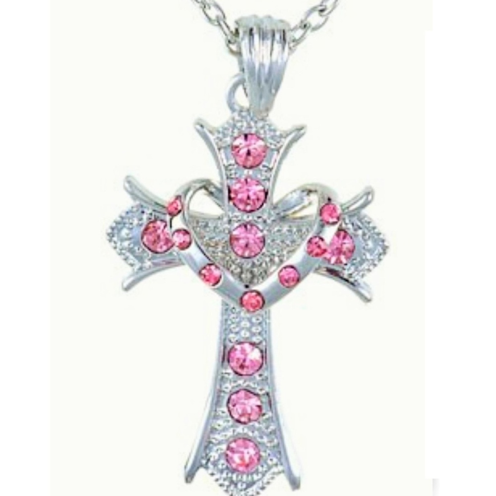 💖LOVELY ROSE PINK CRYSTAL CROSS & HEART